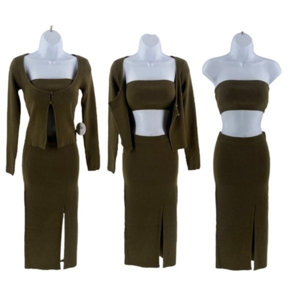 Petal & Pup NEW Luna Knitted Matching 3 Piece Set Midi Dress Olive Green Size M - Picture 3 of 13